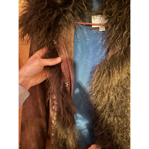 Furry Boho Gypsy Tan Wilson Leather Suede Jacket Size S Embroidered Beaded Penny - Picture 5 of 6